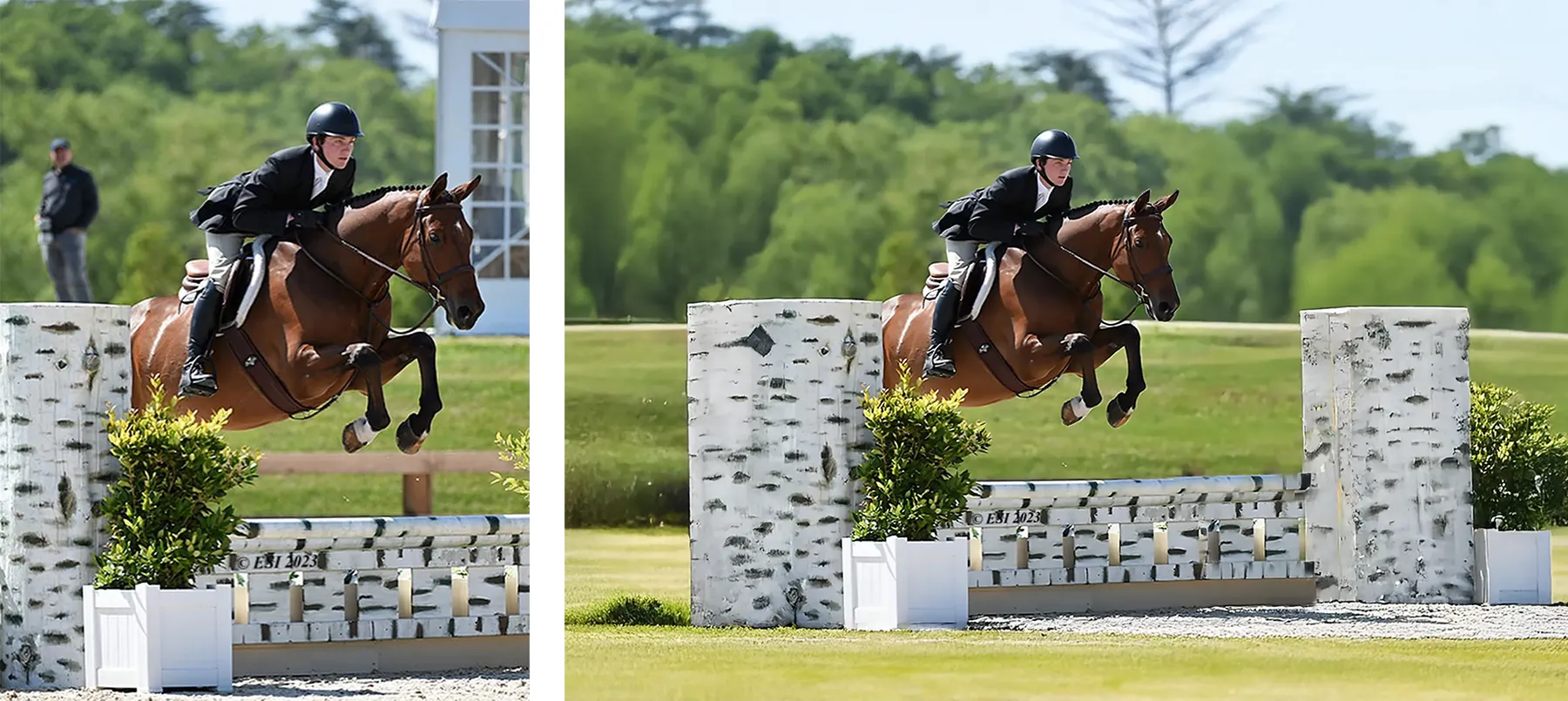 Two versions of the same photo of a horse and rider jumping a stone-patterned fence. Photo on left has a man and the edge of a tent in the background, photo on right has a background of trees and grass.