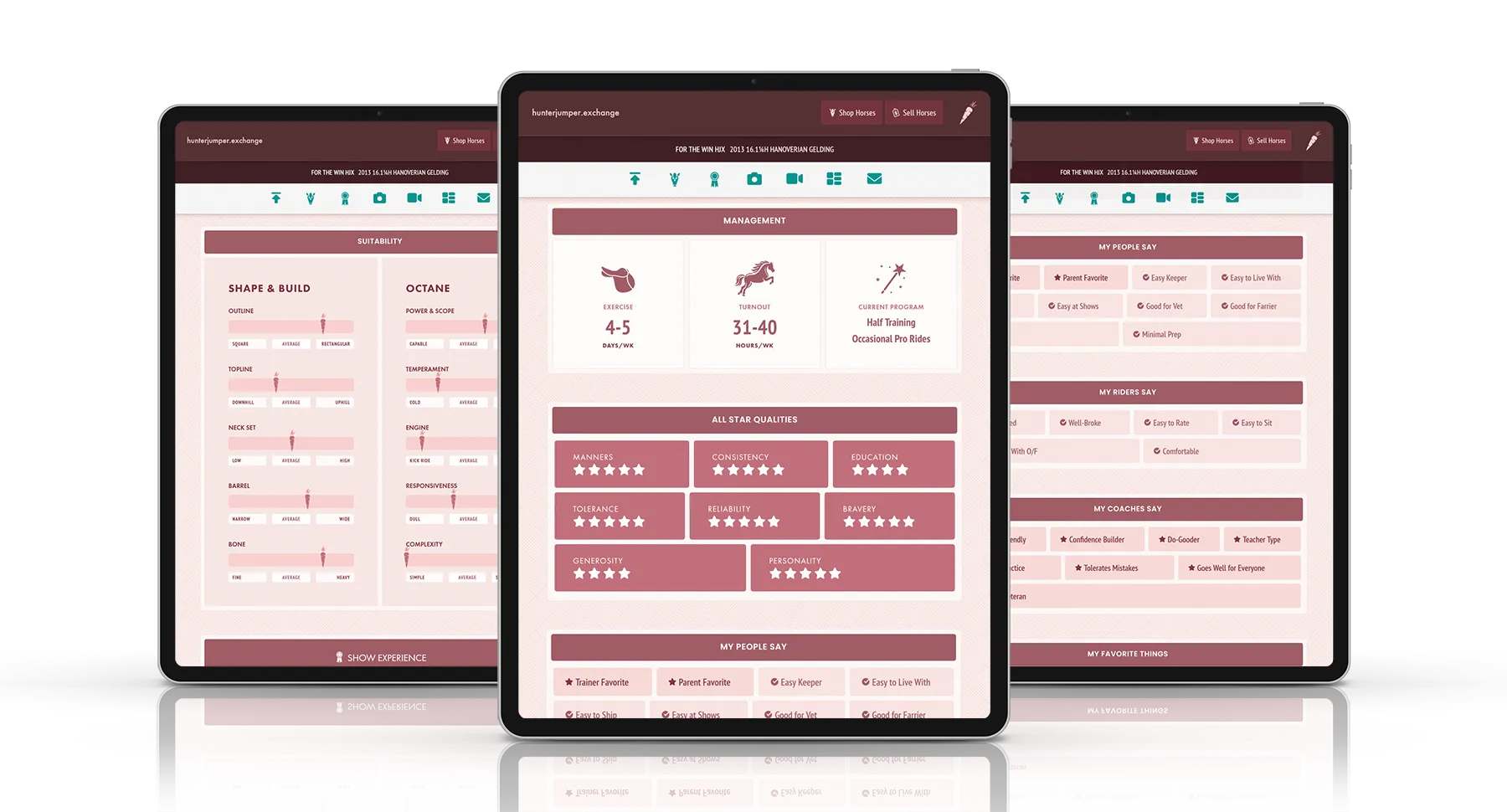 Three iPads demonstrating different parts of an HJx Sale Horse Listing