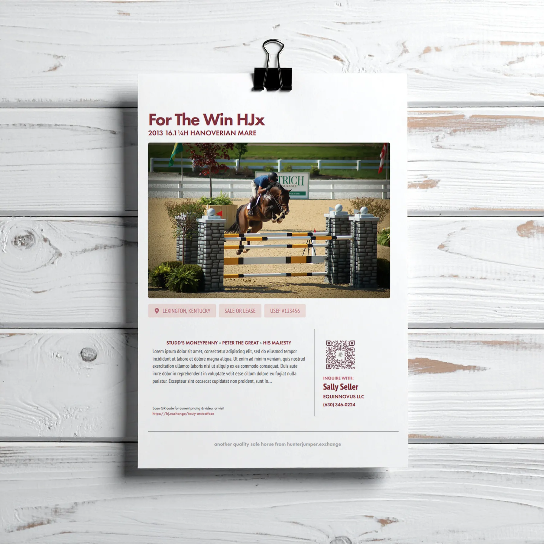 A flyer for a sale horse hung on a wood paneled wall with a binder clip.