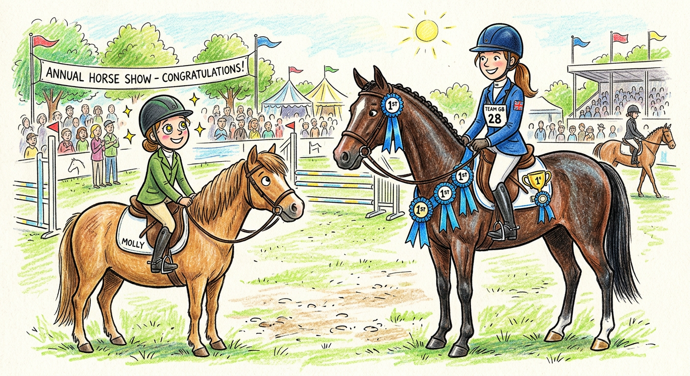Cartooon sketch of a starry-eyed rider on a small brown horse gazing up at another rider on a taller horse adorned with blue ribbons.