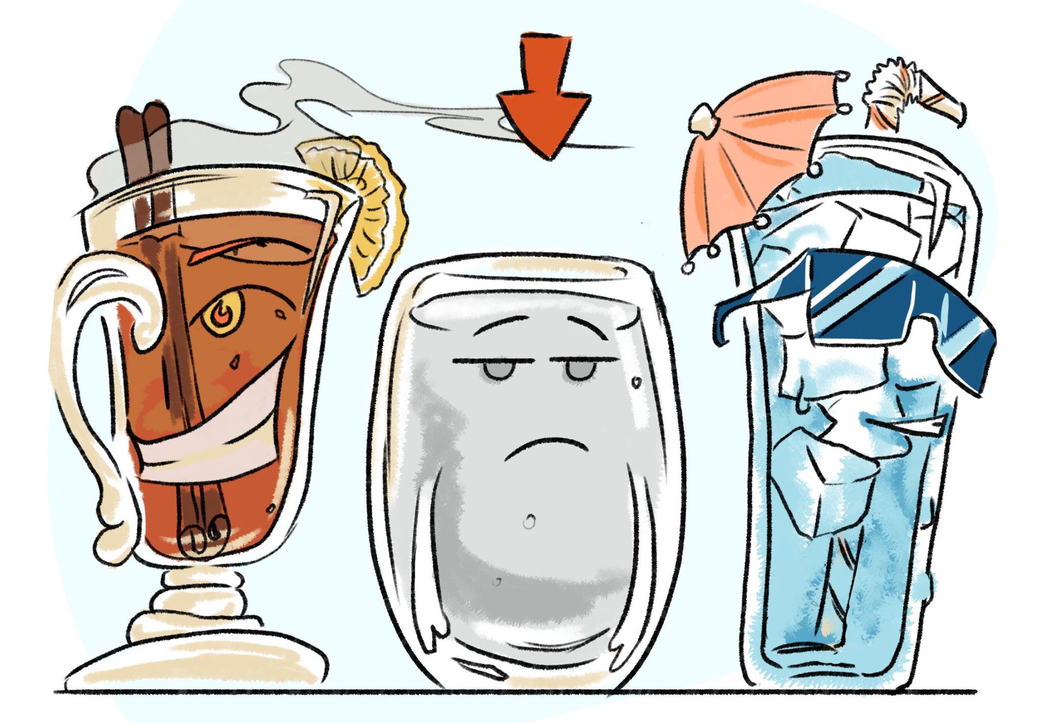 A cartoon rendering of three beverages, a steaming hot mug on the left, a cool glass of ice water on the right, and a tepid tumbler in the middle.