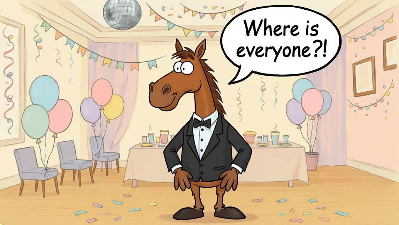A comic drawing of a horse in a tuxedo standing alone at a party and a speech bubble that says 