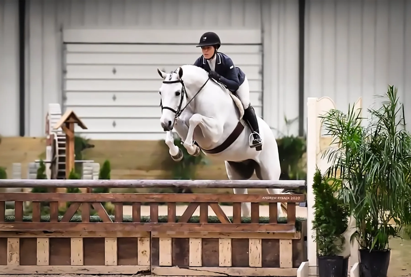 Horse and rider clear a natural colored fence flanked by a potted tree in an indoor arena at a horse show.